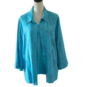 Vintage 90s Sag Harbor 2 pc Women's X-Lg Teal Blue Printed Top Office Career